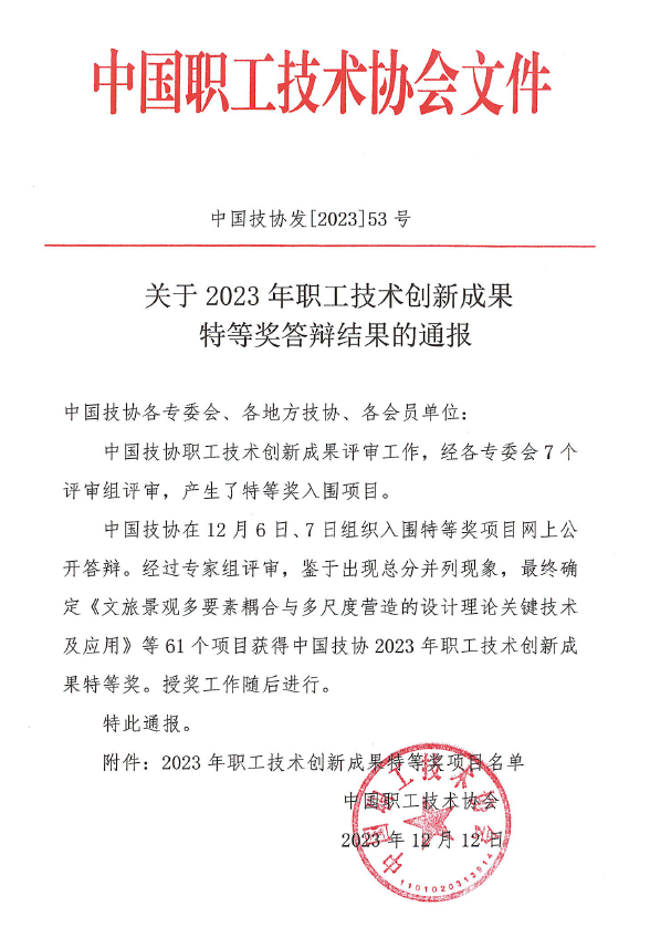 公司成果獲中國技協(xié)2023年職工技術成果特等獎
